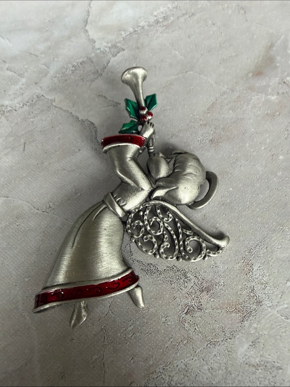 Silver-tone Angel Brooch with Red and Green Accents